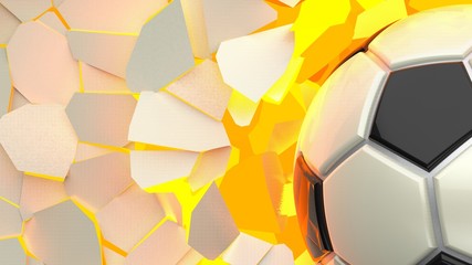 Soccer ball crash orange lighting wall and white wall was cracked. 3D illustration. 3D high quality rendering.