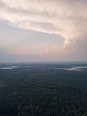 Beautiful misty evening landscape photographed from drone