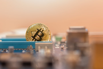 Bitcoin coin in  video card pci-express slot , mining virtual cripto money