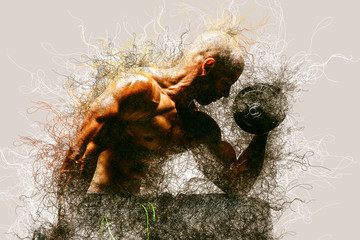 Abstract Strong bodybuilder man pumping up muscles. Bodybuilding Genetics concept background.