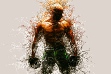Abstract Strong bodybuilder man pumping up muscles. Bodybuilding Genetics concept background.