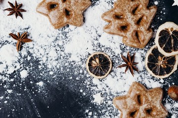 Gingerbread cooking concept, culinary school, festive food and Christmas traditions. Homemade cookies, baking ingredients and spices, close up