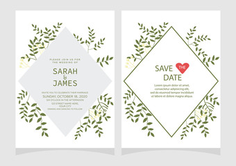 Naklejka premium Set of card with flower rose, leaves. Floral poster, invite. Wedding ornament concept. wedding invitation card template Vector illustration.