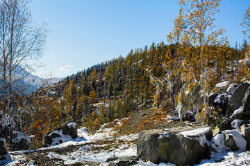 Snowy landscape of the Altay Mountains near Onguday village, Altai Republic, Russia.