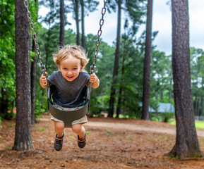 Young Boy in Swing at Park Playground
