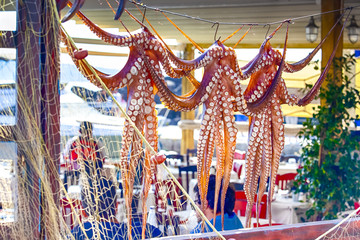 Unique Travel Destinations. Line of Octopuses Drying At Open Deck Restaurant on Santorini Island in Oia Village in Greece. Famous Greek Seafood on Grill.