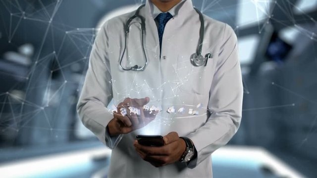 FLUDARABINE PHOSPHATE - Male Doctor With Mobile Phone Opens and Touches Hologram Active Ingrident of Medicine