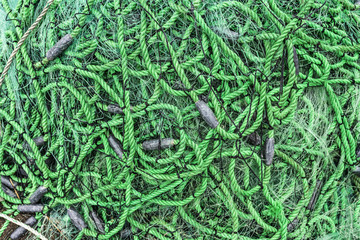 Fishing net textured pattern over the sand in a beach at Cobquecura, Chile, an amazing traditional pattern of the meshing ropes making the fishing net