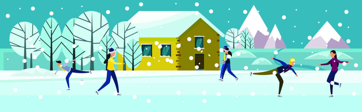 Flat picture made in blue yellow and purple. People skate on the frozen lake in the background of the house. For postcards, posters, banners, design illustration.