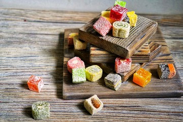 Turkish deligh set. Assorted traditional turkish delight on oriental background