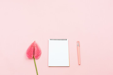 Anthurium flower, notepad and a pen. Stationery supplies minimalistic composition. Feminine work space. Planning or making notes. Flat-lay, top view.