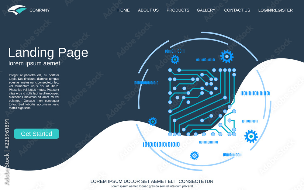 Poster website landing page vector template. blue-white background with abstract circuit thin line illustra
