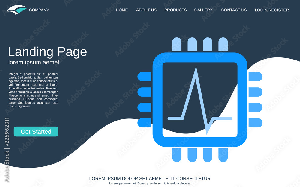 Poster website landing page vector template. blue-white background with computer processor flat illustratio