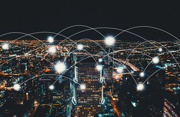 Network and connection technology concept with Downtown Los Angeles at night
