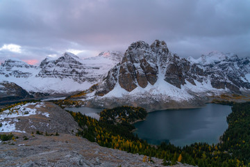 The sky is painted pink in Assiniboine Provincial Park British Columbia
