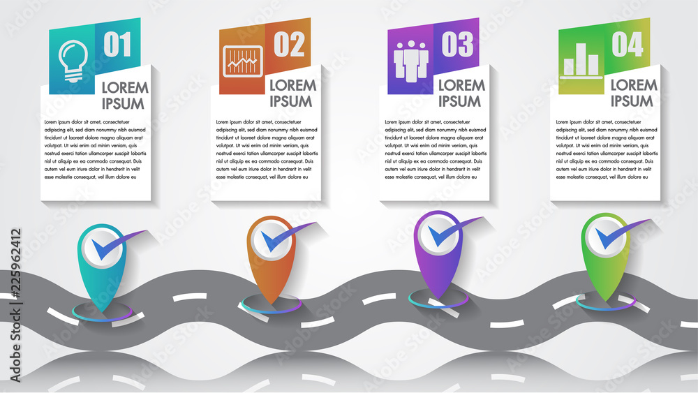 Poster business infographics vector icon number company milestones timeline 4 steps template copy-space wit