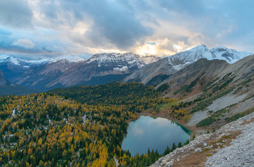 Larches dominate the valley and snow covered peaks stretch to the horizon