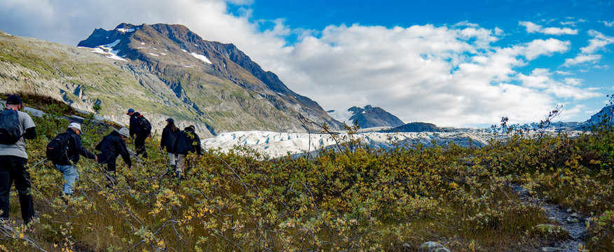 Group of hikers exploring alpine terrain near a glacier in Glacier Bay National Park, Alaska