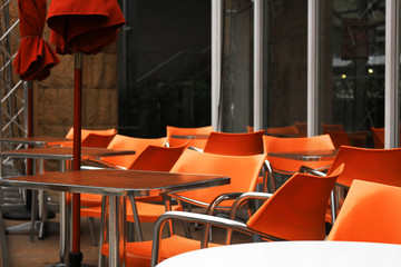 The terrace of the cafe coordinated with orange color