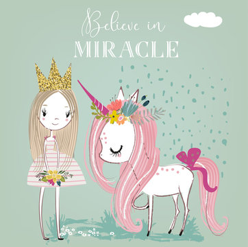 Fototapeta little cartoon white fairytale unicorn with princess