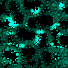 Vector abstract glowing seamless pattern of soap bubbles and gears in azure design on a black background for fabrics or gift paper.