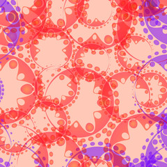 Vector abstract pastel pattern of purple soap bubbles and gears in red design on a pink background for fabrics or home textiles.