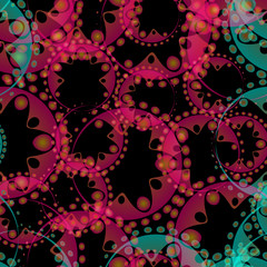 Vector abstract pastel pattern of pink and blue soap bubbles and gears in bright design on a black background for fabrics or household textiles.
