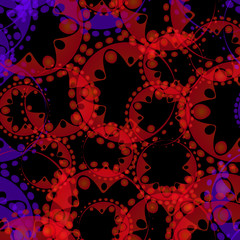 Vector abstract pastel pattern of red and purple soap bubbles and gears in a bright design on a black background for fabrics or home textile items.