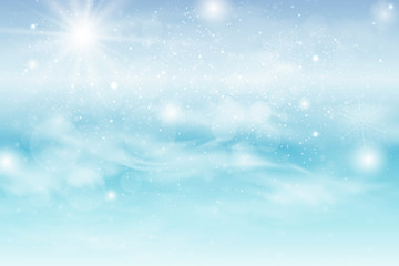 Winter blue sky with falling snow, snowflakes with winter landscape.