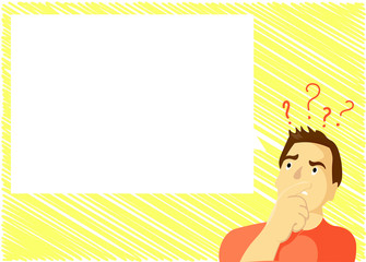 Flat design Vector Illustration Empty esp template copy text for Ad, promotion, poster, flyer, web banner, article. Man Expressing Confused Hand on Mouth Question Mark icon Blank Text Bubble