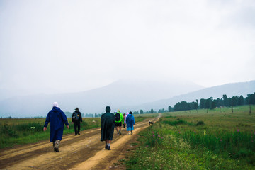 Obraz premium People go forward in mountain despite bad weather. Travelers with dog goes upwards along road. Way on foot in highlands in rainy overcast day. Summit despite everything. Walking in mountains.