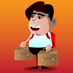Schoolboy with two suitcase. Vector cartoon character illustration.