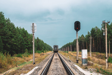 Railway carriage goes by rails in forest. Poles with wires along rails. Atmospheric vintage...
