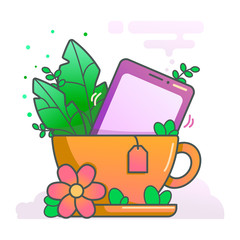 Illustration of a tea cup with a phone