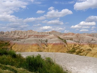 Wide shot of rock formations and landscape at Badlands National Park, South Dakota.