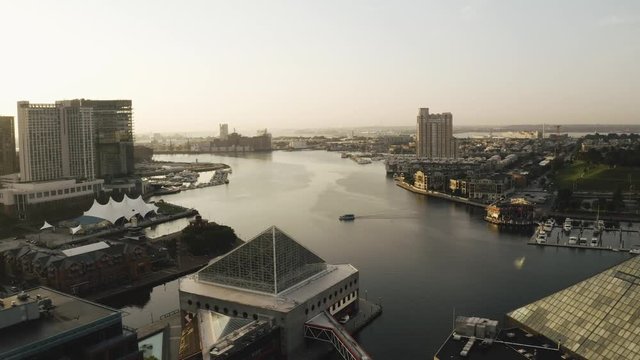 Aerial Drone Footage of Baltimore Inner Harbor with Water Taxi