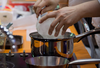 Chef preparing food, meal, in the kitchen, chef cooking, Chef decorating dish, closeup, .chef at work.