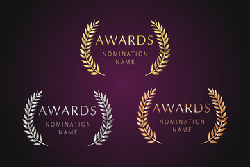 Naklejka premium Awards logotype set. Isolated elegant abstract nominee emblem. First 1st, second, 3d place symbol. Luxurious congratulating framed template. Celebrating decorative traditional stained glass greetings.