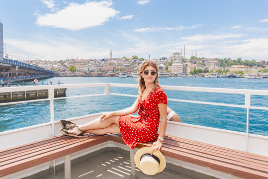 Portrait view of a beautiful woman traveler