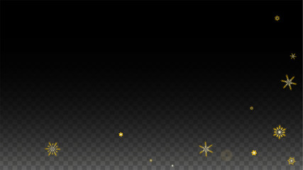 Christmas  Vector Background with Gold Falling Snowflakes Isolated on Transparent Background. Realistic Snow Sparkle Pattern. Snowfall Overlay Print. Winter Sky. Design for Party Invitation.