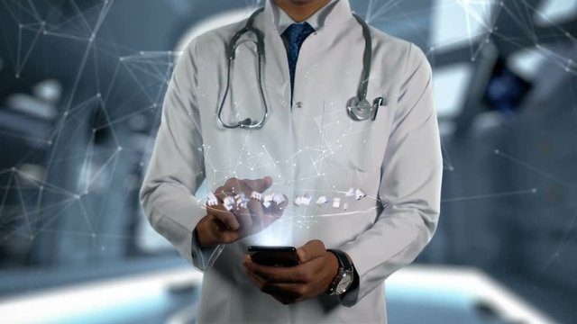 PEGINTERFERON ALFA-2A - Male Doctor With Mobile Phone Opens and Touches Hologram Active Ingrident of Medicine