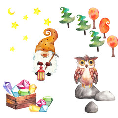 Design set with a dwarf with a lantern, an owl on a stone, trees, treasure chests and crystals, stars and moon. watercolor illustration with clip arts
