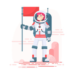 Vector flat astronaut girl holds red flag in hand and makes a landing on Mars. American spacewoman in helmet and spacesuit, first female cosmonaut on red planet. Colonization concept illustration