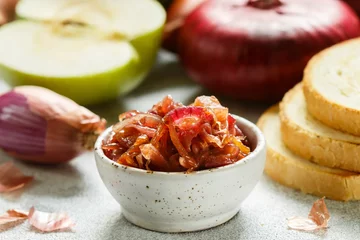 Keuken spatwand met foto Red onion marmalade (jam, confiture, chutney) with green Apple. Delicious sauce. Gourmet © la_vanda