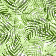 Watercolor abstract seamless background, pattern, spot, splash of paint, blot, color. Green leaves of a tree, palms,abstract fruit, citrus, orange.abstract splash.   green, white paint color. 