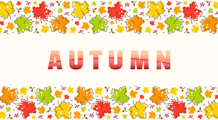 Autumn sale vector promotion banner with colorful leaves and white frame on textured background. Fall season, horizontal template for seasonal discounts advertisement, shop now, special offer 50 off