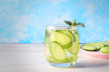 Cucumber water with mint leaves with slices of vegetables