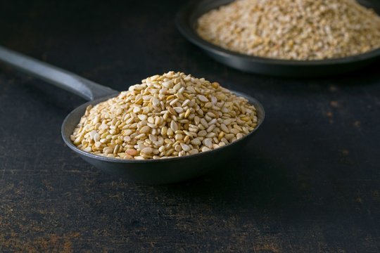 A close up of a metal spoon full of sesame seeds on a rustic metal surface