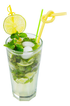 non alcohol mojito with ice, mint and lime in a tall glass. isolated on a white background