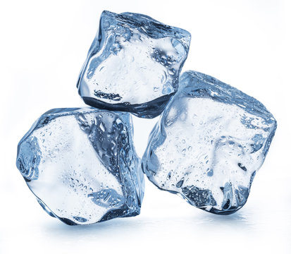 Three ice cubes with water drops. Clipping path.